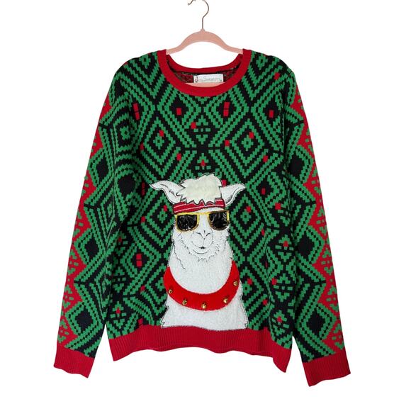 Jolly Sweaters Green & Red Llama Jingle Bells Holiday Winter Sweater Size L - Picture 1 of 8